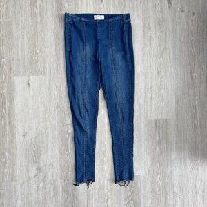 FREE PEOPLE Mid Rise Seamed Skinny Jeans Blue Raw Hem 27 Pull On Leggings EUC
